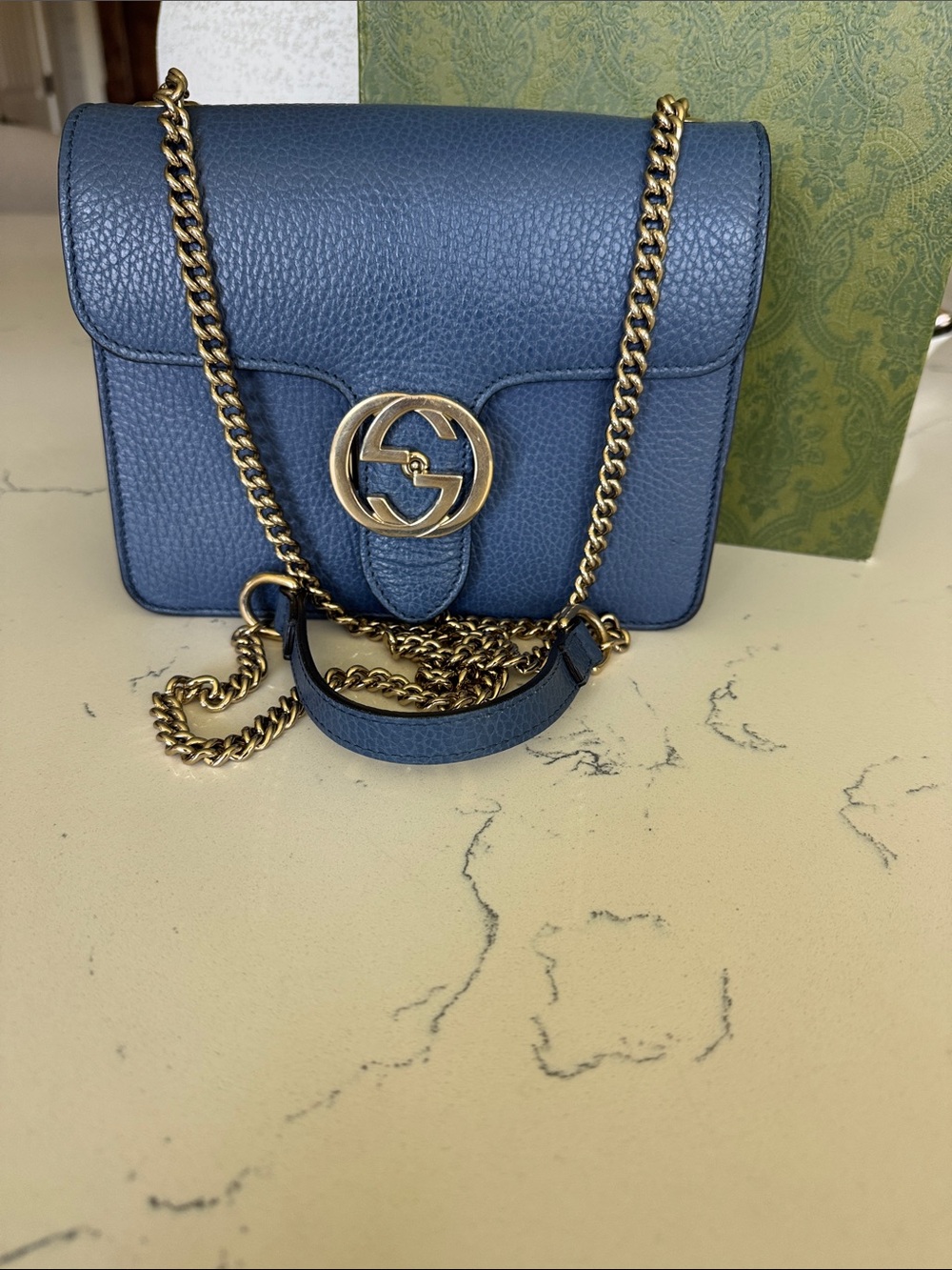 Gucci Navy Blue Pebbled Leather Crossbody with Gold GG Emblem - Picture 9 of 14